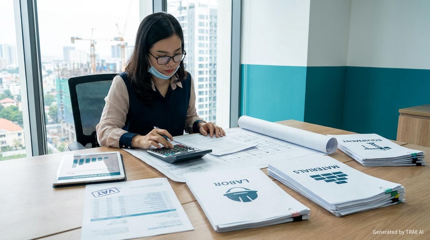 Kế toán rà soát giá trị công trình và phần chi phí làm căn cứ tính thuế GTGT