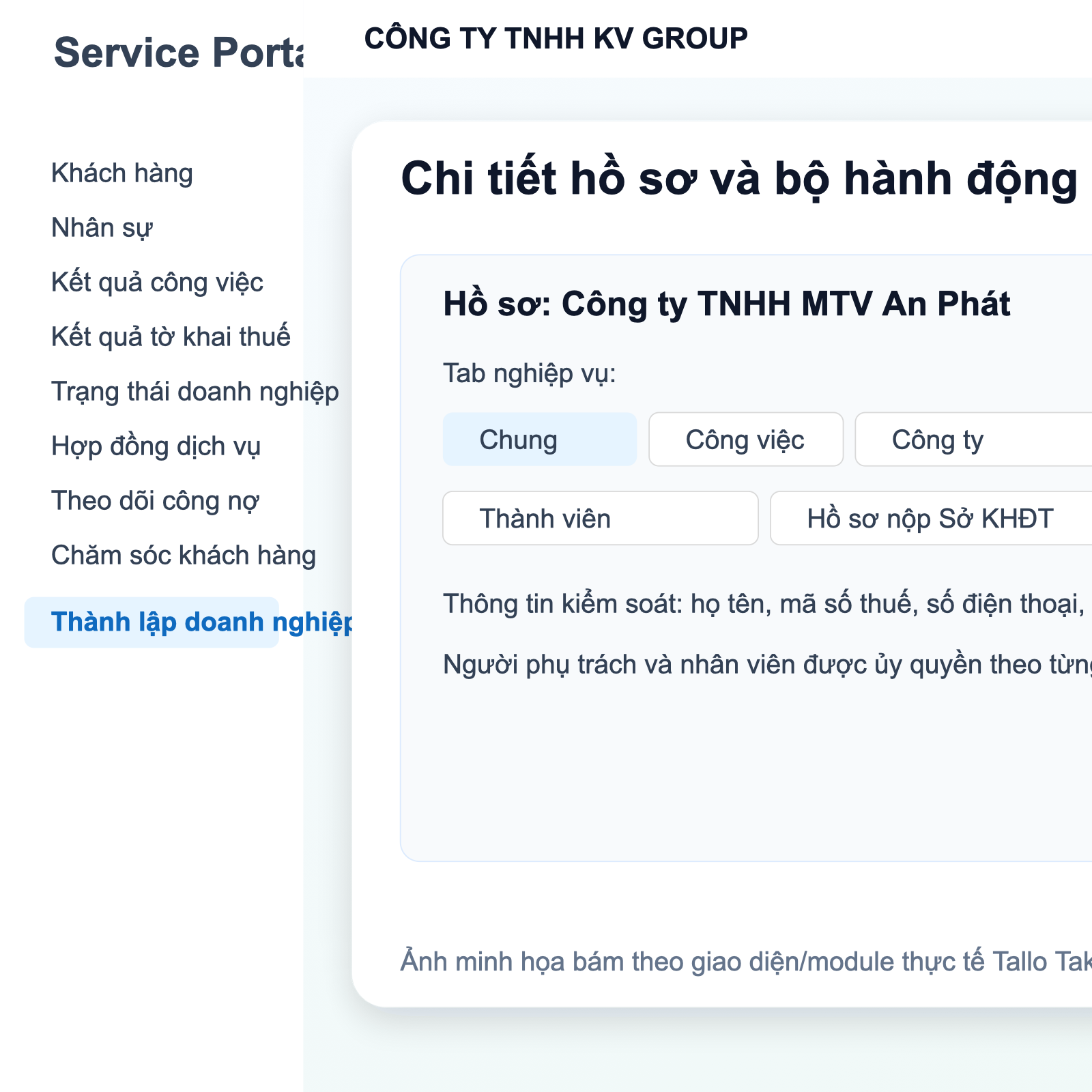 Màn hình chi tiết hồ sơ thành lập doanh nghiệp trong Tallo Taka với các tab Chung, Công việc, Công ty, Thành viên và Hồ sơ nộp Sở KHĐT