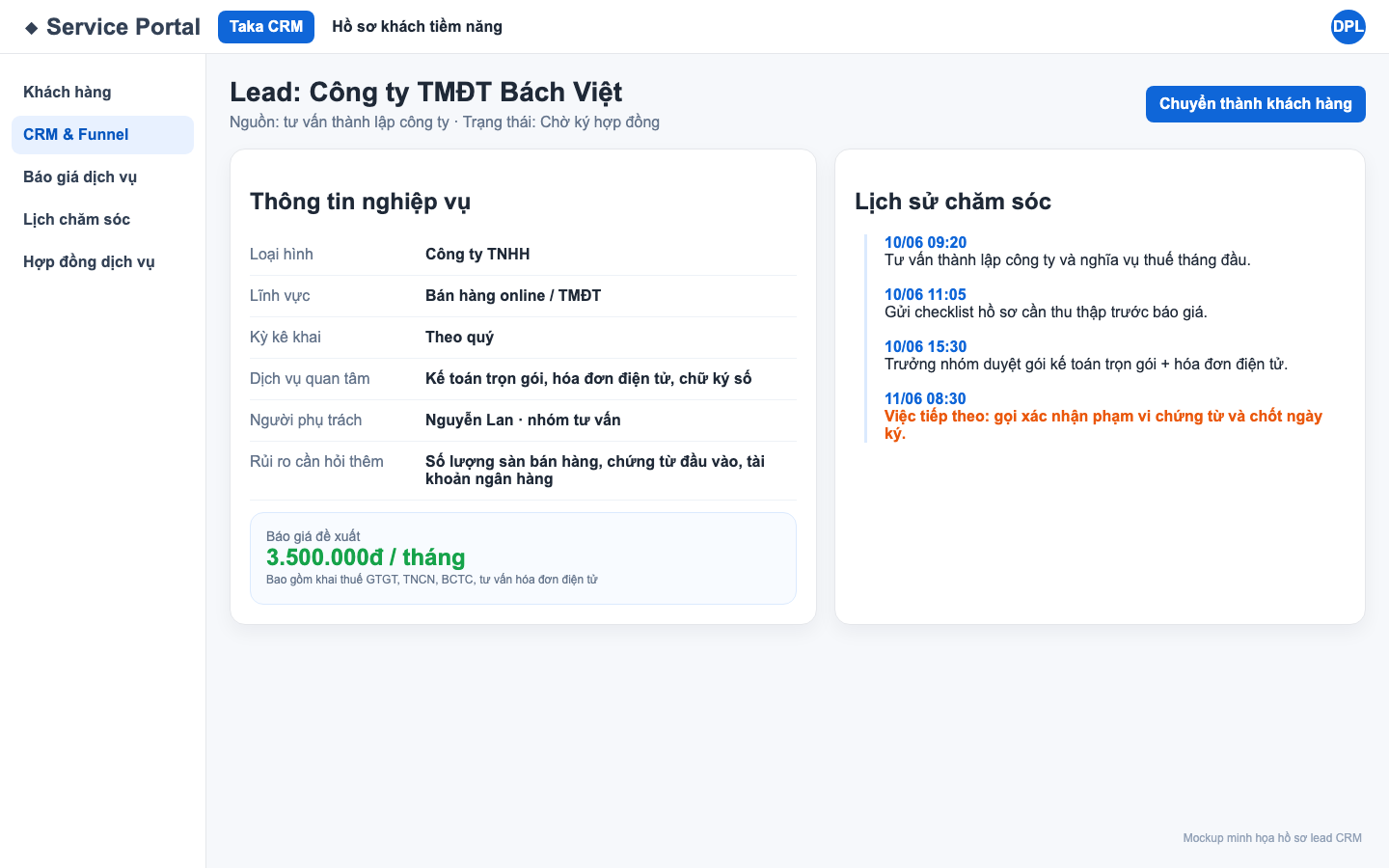 Mockup hồ sơ khách tiềm năng Tallo Taka với thông tin nghiệp vụ, báo giá đề xuất và lịch sử chăm sóc